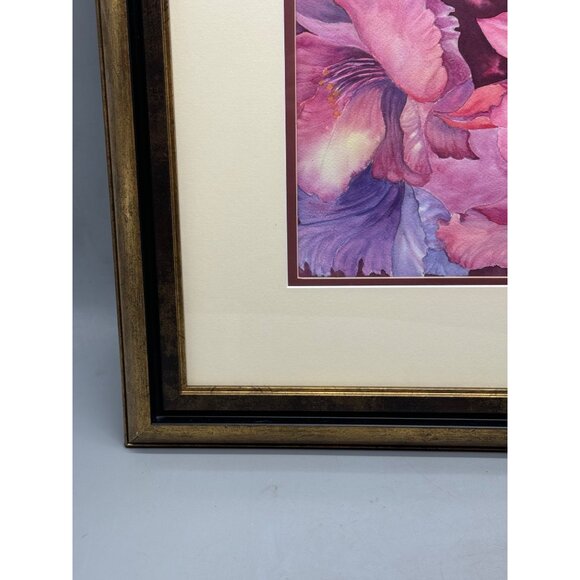 Floral Watercolor Art Print By J. Haines In Double Matted Gold Black Frame READ - Picture 4 of 8